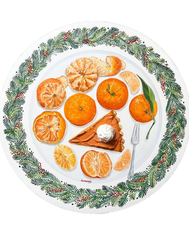 Textured impasto oil painting of a mandarin tart on a vintage plate by Christina Kunanets