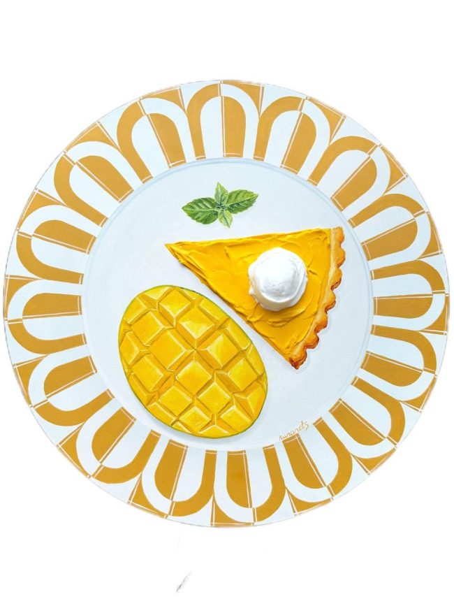 Textured impasto oil painting of a mango tart on a vintage plate by Christina Kunanets