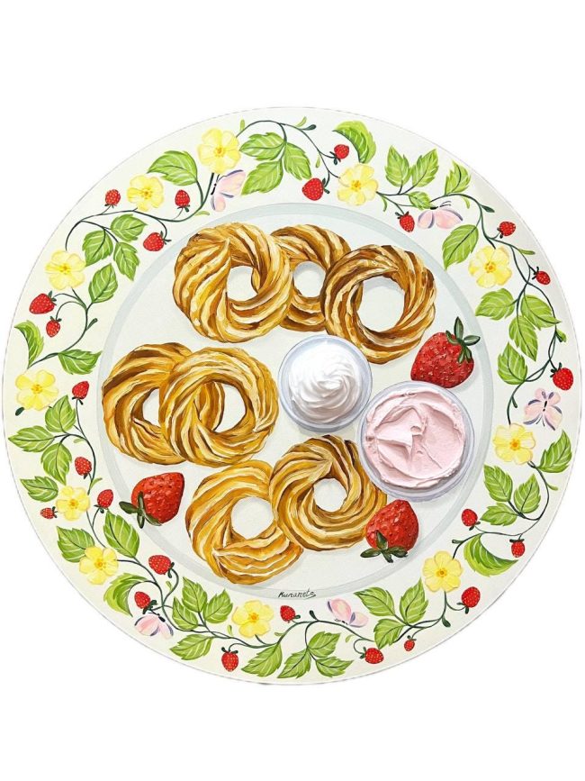 Textured impasto oil painting of maple glazed crullers by Christina Kunanets