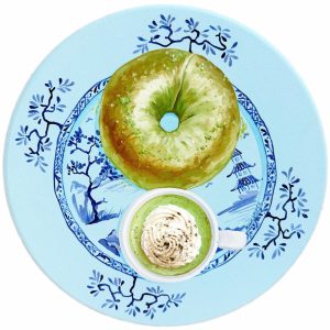 Textured impasto oil painting of a matcha bagel and matcha latte on a blue plate by Christina Kunanets