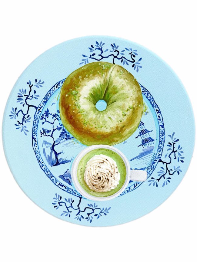 Textured impasto oil painting of a matcha bagel and matcha latte on a blue plate by Christina Kunanets