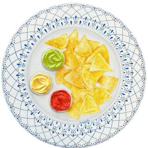 Textured impasto oil painting of a plate of nachos by Christina Kunanets