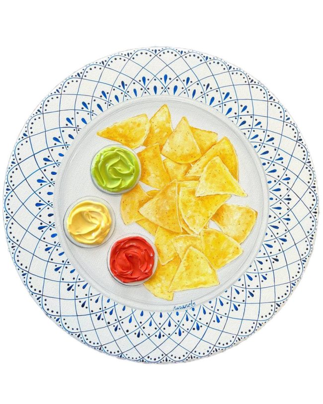 Textured impasto oil painting of a plate of nachos by Christina Kunanets
