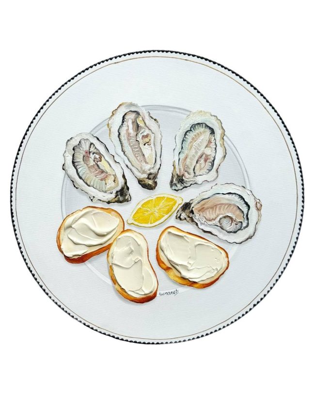 Textured impasto oil painting of oysters with a baguette and butter by Christina Kunanets