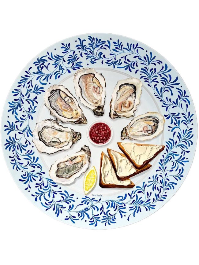Textured impasto oil painting of oysters with dark bread and butter by Christina Kunanets