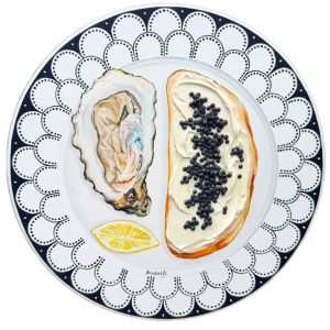 Textured impasto oil painting of toast topped with oysters and black caviar by Christina Kunanets