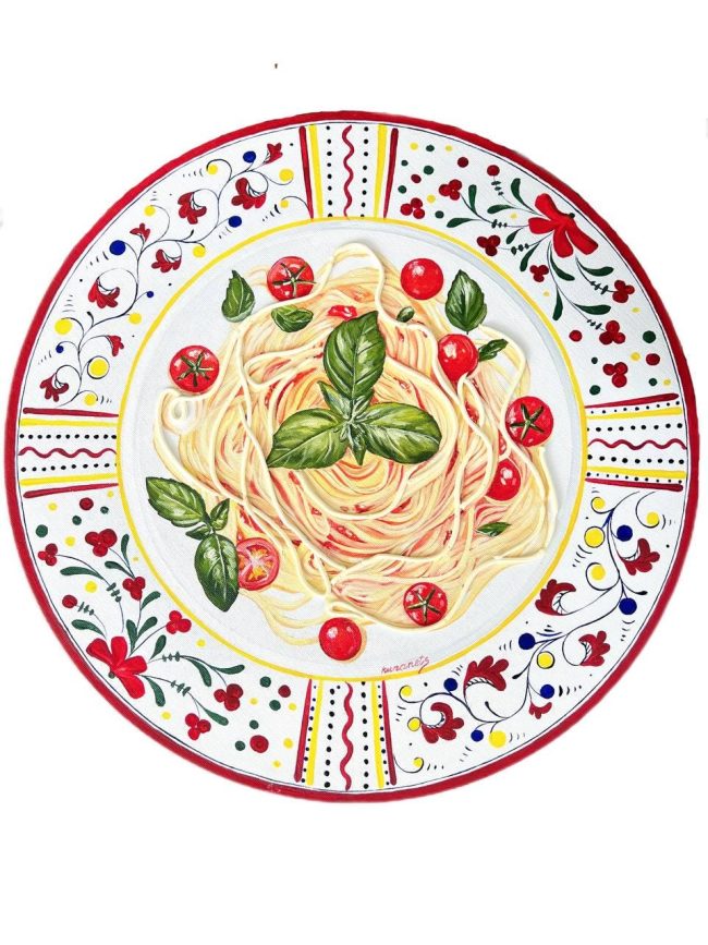 Textured impasto oil painting of a plate of pasta alla Norma by Christina Kunanets