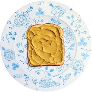 Textured impasto oil painting of peanut butter toast by Christina Kunanets