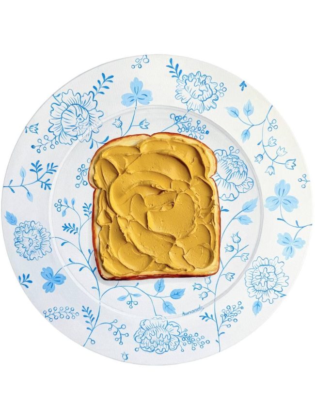 Textured impasto oil painting of peanut butter toast by Christina Kunanets