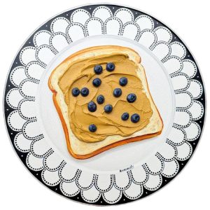 Textured impasto oil painting of peanut butter toast with blueberries on a vintage plate by Christina Kunanets
