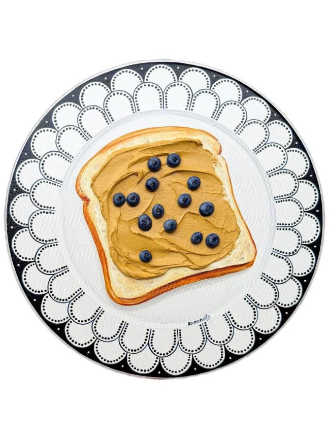 Textured impasto oil painting of peanut butter toast with blueberries on a vintage plate by Christina Kunanets