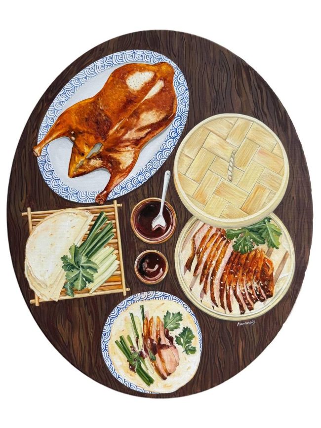 Textured impasto oil painting of a Peking duck by Christina Kunanets
