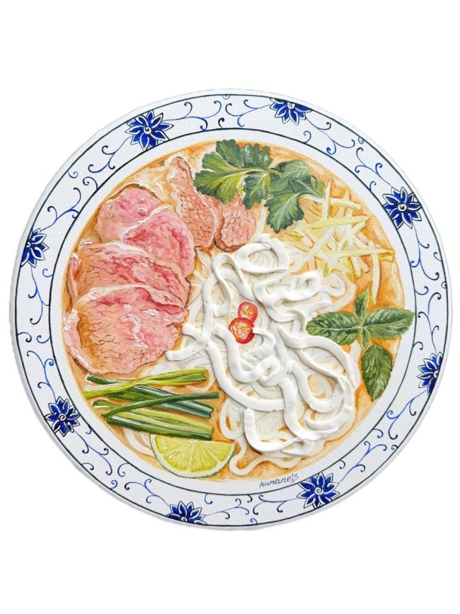 Textured impasto oil painting of a bowl of Vietnamese pho bo noodle soup by Christina Kunanets