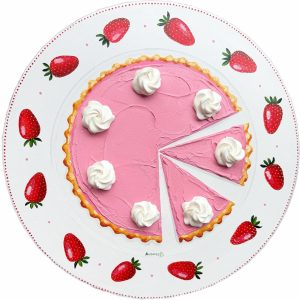Textured impasto oil painting of a pink strawberry cake by Christina Kunanets