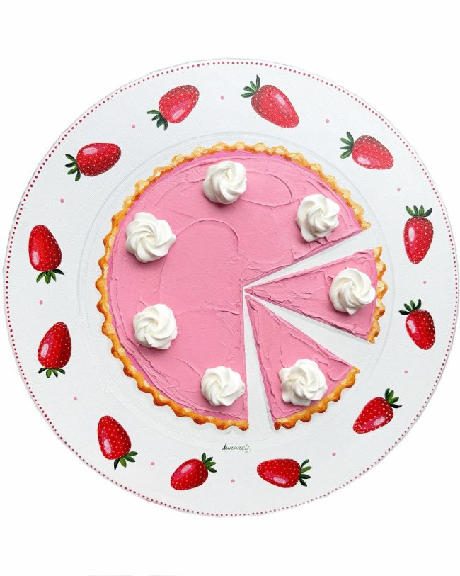 Textured impasto oil painting of a pink strawberry cake by Christina Kunanets