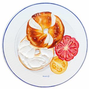 Textured impasto oil painting of a pretzel bagel with cream cheese and tomato by Christina Kunanets