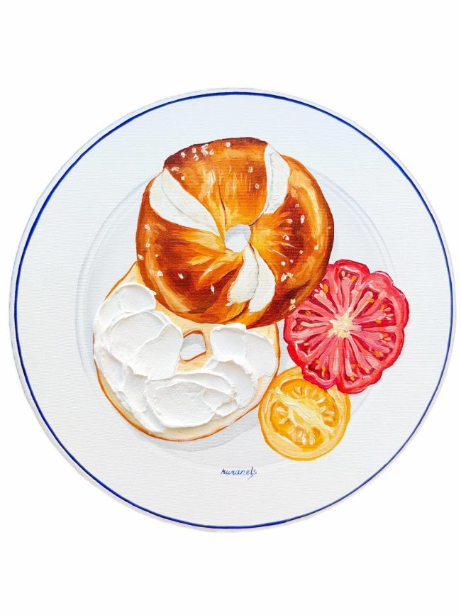 Textured impasto oil painting of a pretzel bagel with cream cheese and tomato by Christina Kunanets
