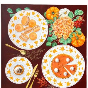 Textured impasto oil painting of a pumpkin pie on a fall table by Christina Kunanets