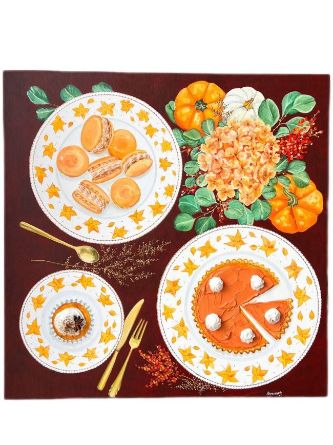 Textured impasto oil painting of a pumpkin pie on a fall table by Christina Kunanets