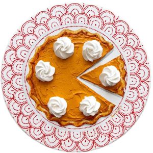 Textured impasto oil painting of a pumpkin pie on a vintage plate by Christina Kunanets