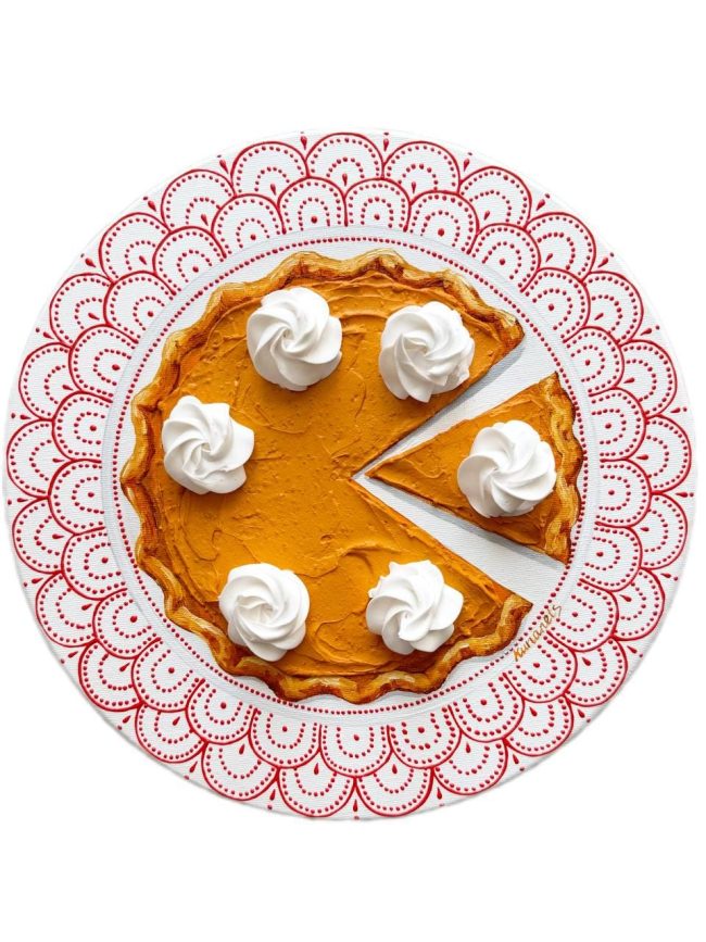 Textured impasto oil painting of a pumpkin pie on a vintage plate by Christina Kunanets