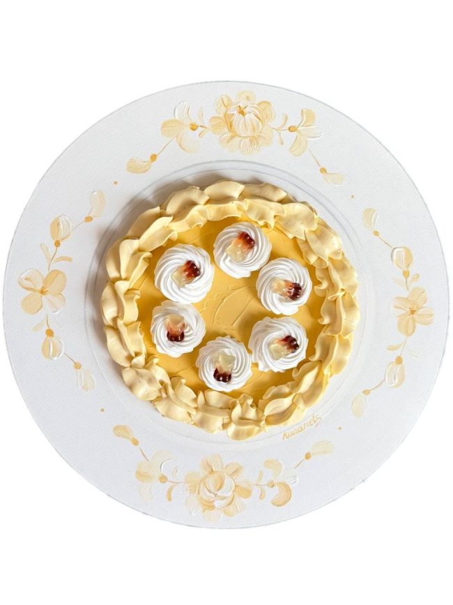 Textured impasto oil painting of a salted caramel cake with gummy bears by Christina Kunanets