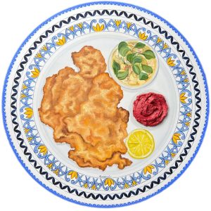 Textured impasto oil painting of a breaded schnitzel by Christina Kunanets