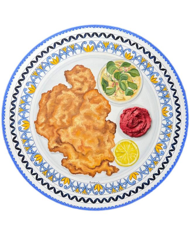 Textured impasto oil painting of a breaded schnitzel by Christina Kunanets