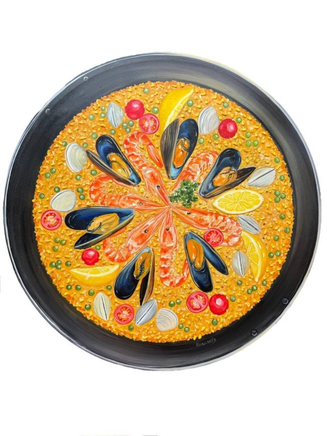 Textured impasto oil painting of a seafood paella by Christina Kunanets