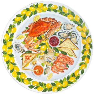 Textured impasto oil painting of a seafood spread with lemons by Christina Kunanets