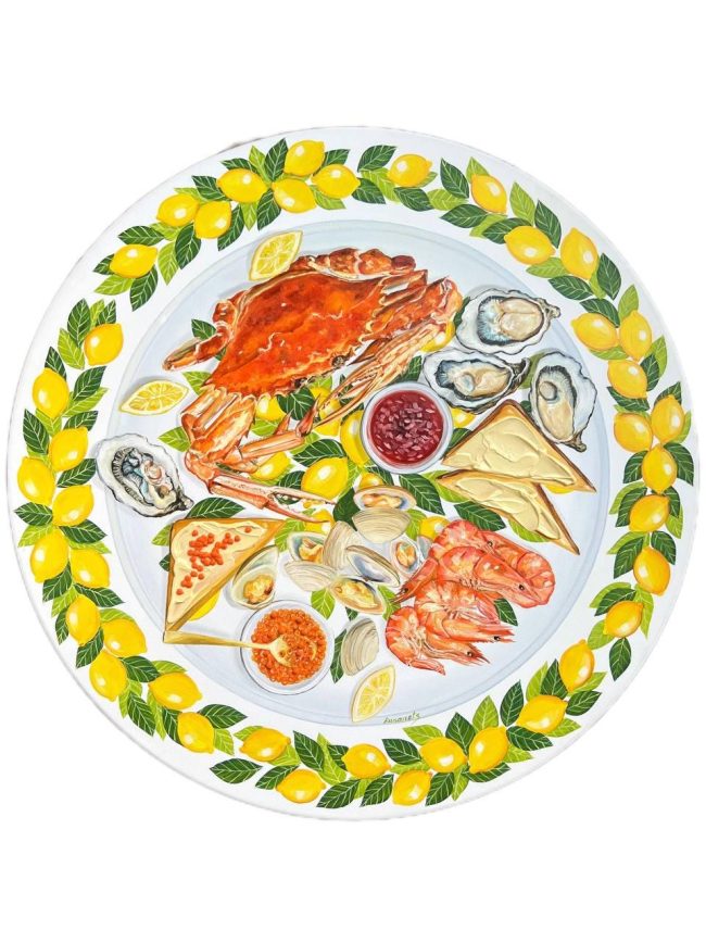 Textured impasto oil painting of a seafood spread with lemons by Christina Kunanets