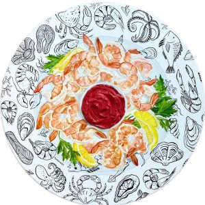 Textured impasto oil painting of a shrimp cocktail by Christina Kunanets