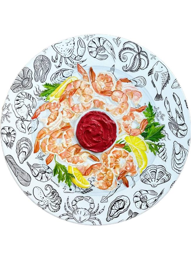 Textured impasto oil painting of a shrimp cocktail by Christina Kunanets