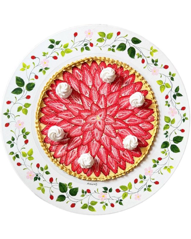 Textured impasto oil painting of a strawberry pie by Christina Kunanets