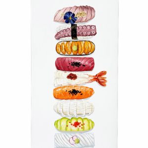 Textured impasto oil painting of sushi in a fine dining style by Christina Kunanets