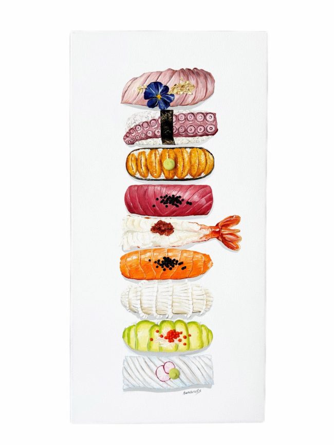 Textured impasto oil painting of sushi in a fine dining style by Christina Kunanets