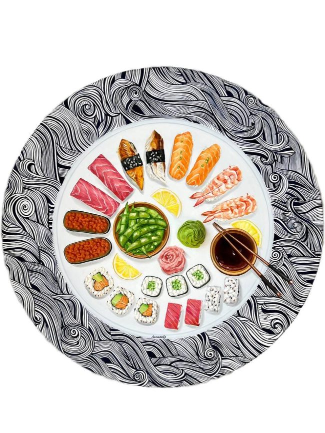 Textured impasto oil painting of Japanese sushi by Christina Kunanets