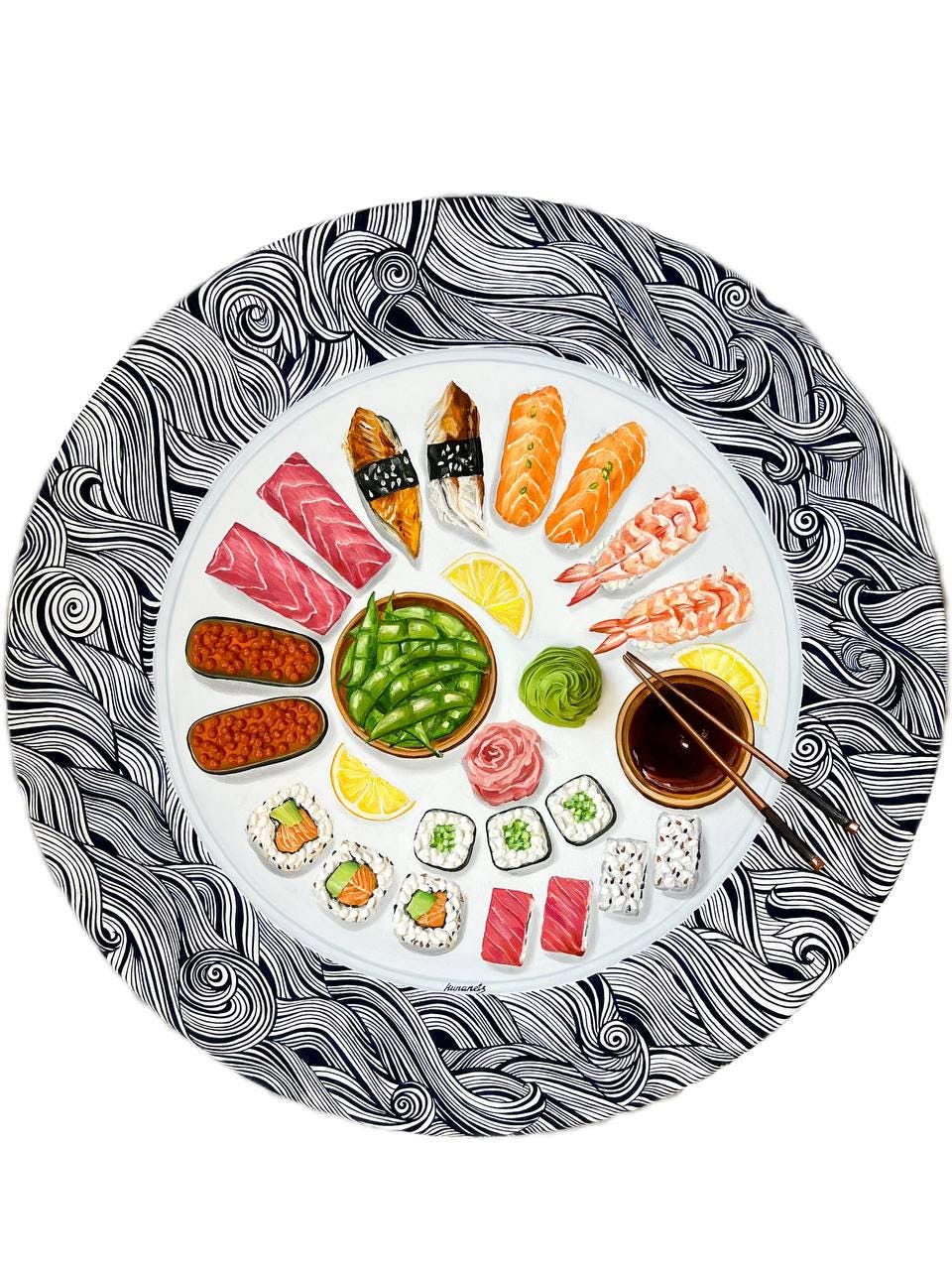 Textured impasto oil painting of Japanese sushi by Christina Kunanets