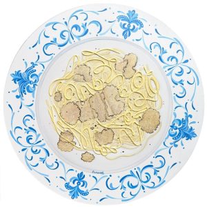 Textured impasto oil painting of a plate of truffle pasta by Christina Kunanets