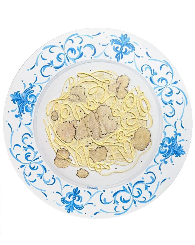 Textured impasto oil painting of a plate of truffle pasta by Christina Kunanets