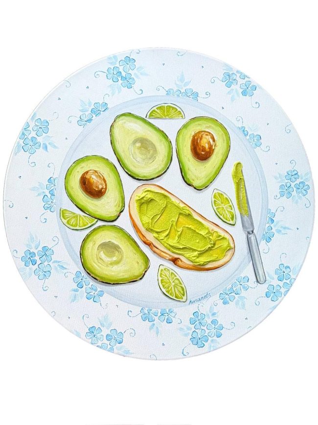 Textured impasto oil painting of vegan avocado toast by Christina Kunanets