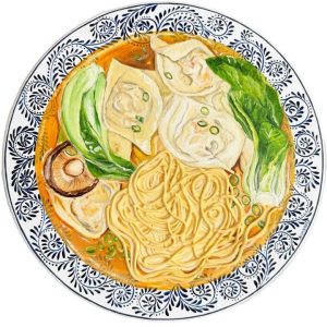 Textured impasto oil painting of a bowl of wonton noodle soup by Christina Kunanets