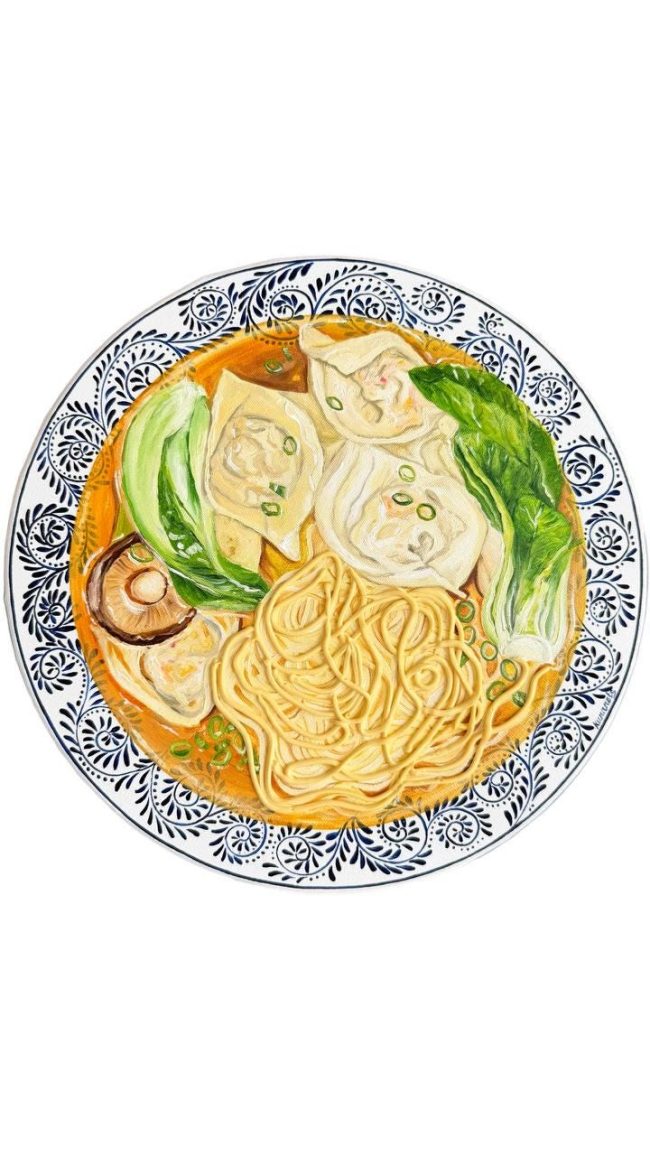 Textured impasto oil painting of a bowl of wonton noodle soup by Christina Kunanets